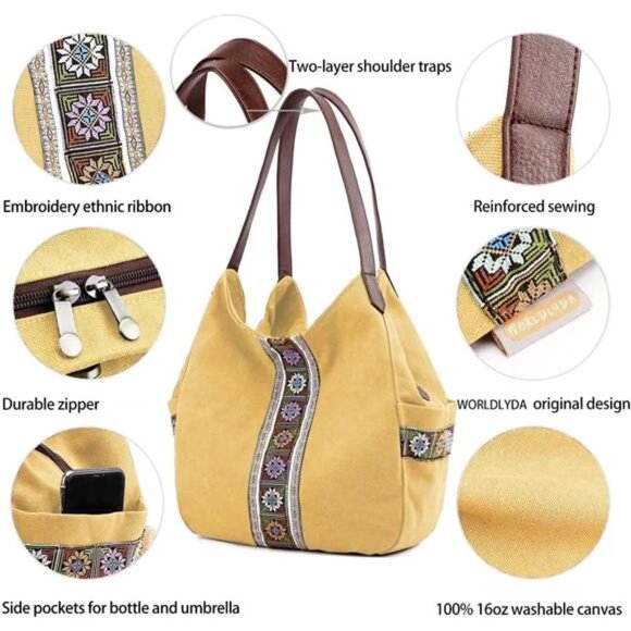 Women Canvas Hobo Purse Multi Pocket Tote Shopper Shoulder Bag Casual Top Handle - Picture 3 of 7